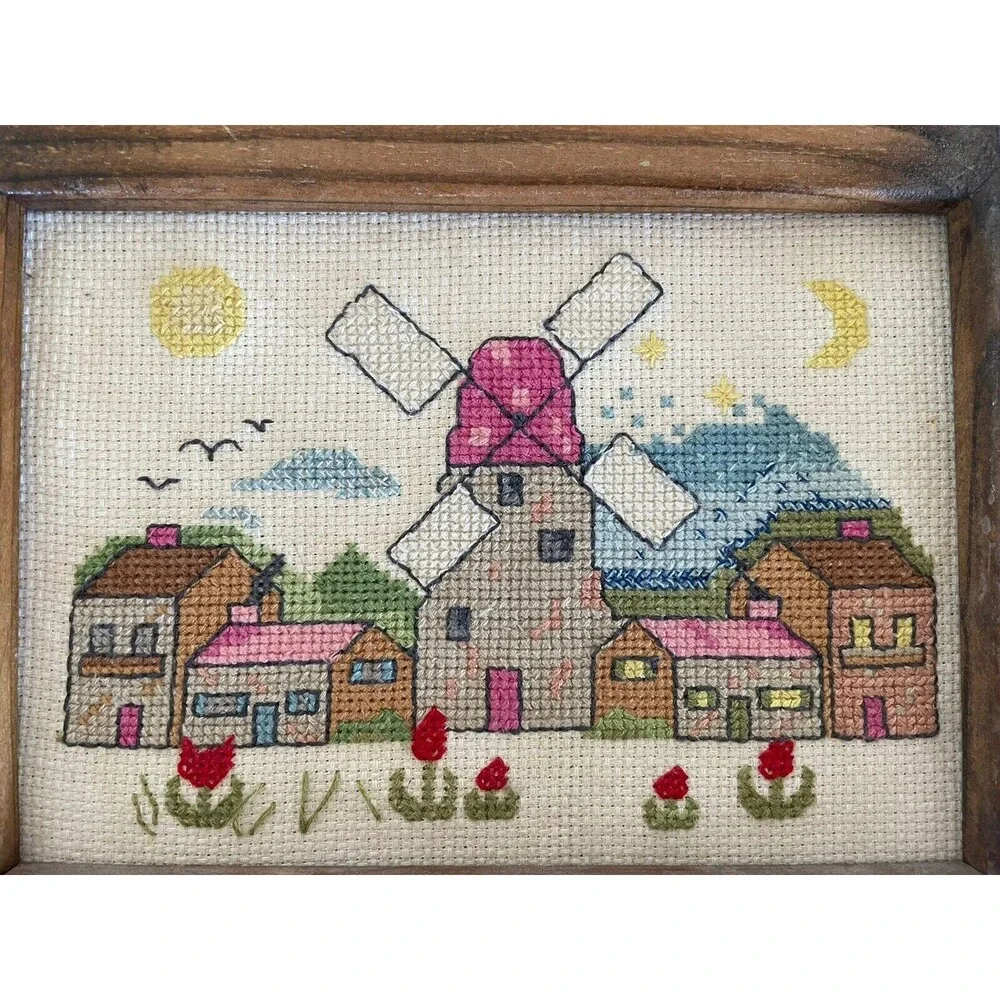 Windmill Houses Flowers Cross Stitch Finished Framed 9.5x7.5